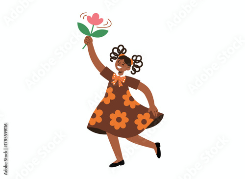 Joyful woman clutching a flower, a girl in a dress smelling a spring floral plant as a romantic gift, a female character relishing a summer bloom, depicted as a flat vector illustration on a white