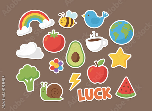 A sticker set featuring adorable doodles and kawaii, humorous elements in a childlike style, including playful clouds, avocados, rainbows, bees, and flower clip arts; vibrant decor and decorations