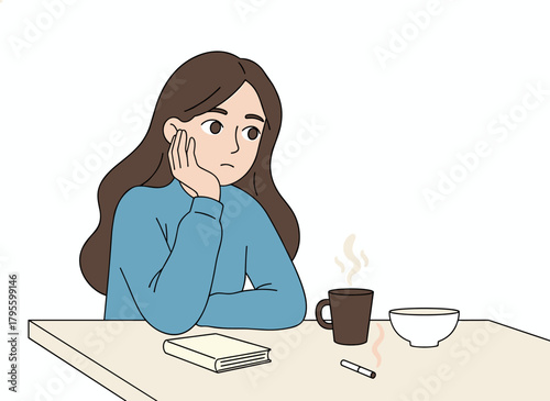 A woman smoking a cigarette while reading a book, a nicotine‑addicted girl relaxing with a coffee cup, ashtray, and tobacco in the morning, depicted as a flat vector illustration on a white