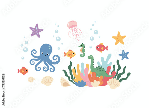A continuous pattern featuring adorable jellyfish, octopuses, starfish, corals, and shells, with an endless texture of marine life and vegetation, rendered as a flat color vector on a white