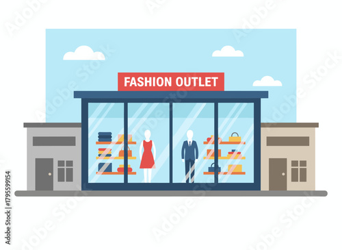A trendy clothing boutique and mass‑market apparel store front at a shopping center, featuring women shoppers inside a modern city building, depicted in a flat cartoon colored vector illustration
