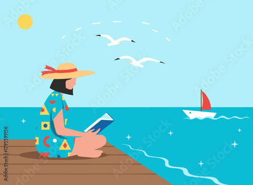 A woman sits alone by the waterfront, reading a book in a flat vector illustration, enjoying literature amid a summer sea landscape and a relaxed setting on the embankment