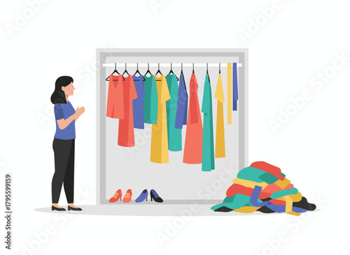 A smiling, long-haired girl stands before an open closet filled with hanging apparel and a pile of clothes on the floor, illustrating a minimalist capsule wardrobe in flat cartoon vector style