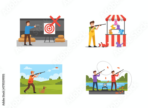 A shooting gallery and range are set up; shooters use pistols, handguns, rifles, and shotguns to aim at targets for prizes, illustrated as flat vector graphics on a white background