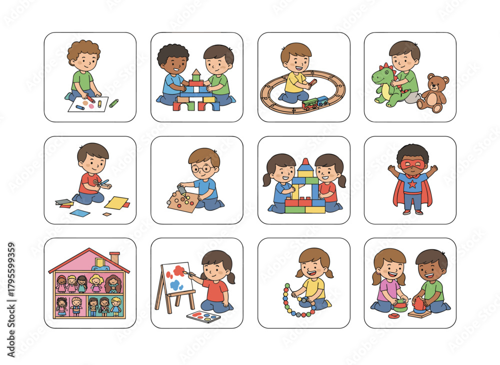 Fototapeta premium Adorable kids engaging in toy play, little boys and girls enjoying leisure in a nursery playroom, experiencing joyful kindergarten days, depicted in flat vector illustrations on a white background