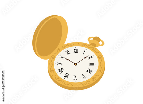 A flat vector illustration of a pocket watch, a retro and stylish accessory featuring a classic vintage color scheme, serving as a time counter with a circular design, displayed on a white background