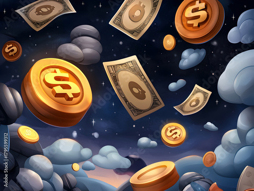 Floating money coin and cash in fantasy night sky represents wealth, dream of financial success and abundance