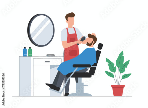 A barber trims a man's hair in a barbershop, while a hairdresser cuts, styles, and cares for clients' hair in a salon, depicting a male hairstylist at work in a flat vector illustration on a white