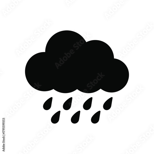 Black cloud with raindrops icon on white background for weather concepts