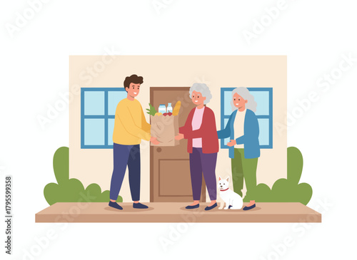 A young man hands a grocery bag to an elderly couple, offering shopping assistance and delivery as a volunteer supporting seniors during the coronavirus outbreak, depicted in a flat cartoon vector