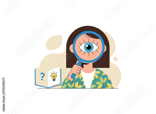 Illustration of a character using a magnifying glass to observe, depicting a spy-like search and investigation theme in a flat vector style on a white background