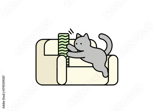 A disobedient cat is seen scratching a sofa against a white background, while a mischievous kitten tears at home furniture with its claws, exemplifying problematic behavior of a domestic animal