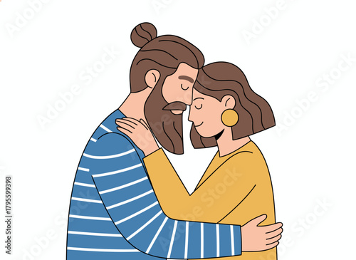 A joyful couple in love, with a man embracing and kissing his girlfriend on the forehead while cuddling on a date, illustrated in hand‑drawn realism for Valentine’s Day