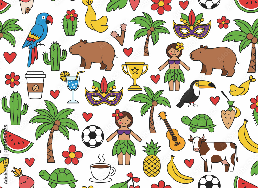 Obraz premium A seamless Brazilian pattern featuring national symbols on a white background, an endlessly repeatable texture showcasing Brazil's cuisine, fauna, avifauna, and flora, rendered as a hand‑drawn