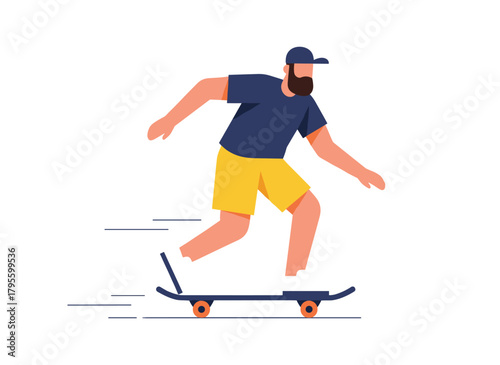 A contemporary bearded young man wearing a baseball cap rides a skateboard, showcasing extreme summer street sport in a flat vector cartoon illustration set against a white background