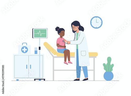 Illustration of an African American girl being examined by a pediatrician in a pediatric office, depicted as a flat vector image on a white background