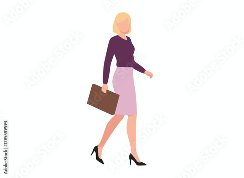 A fashionable businesswoman depicted in a flat vector illustration, holding a clutch bag, standing alone on a white background in trendy, official attire