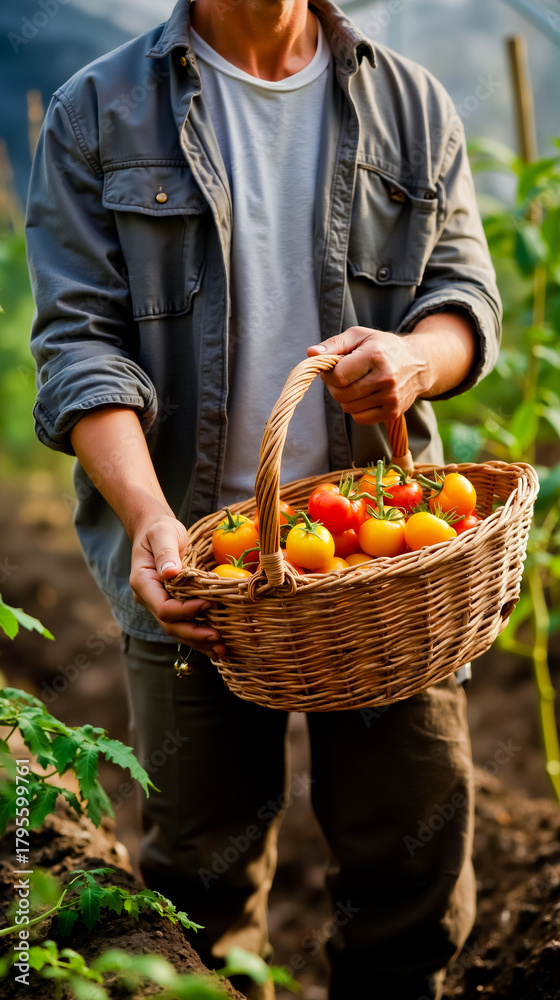 Fototapeta premium A man in a gray jacket is holding a woven basket filled with ripe tomatoes