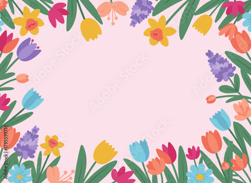A floral banner featuring vibrant blossoms, a lush summer garden with a mix of multicolored flowers and softly blooming plants along the border, presenting a stunning multicolored spring background