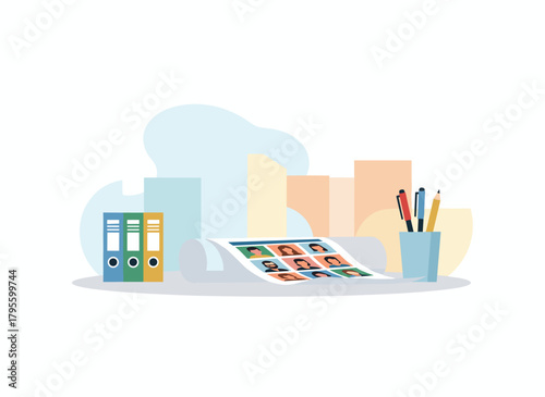 A colored flat vector illustration on a white background depicts a list of candidates for a vacancy, illustrating HR, human recruiting and hiring concepts, selecting from applicants and searching for