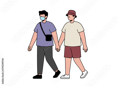 Flat vector illustration on a white background depicting men walking outdoors, an ill individual wearing a mask for health protection, and Asian tourists strolling together