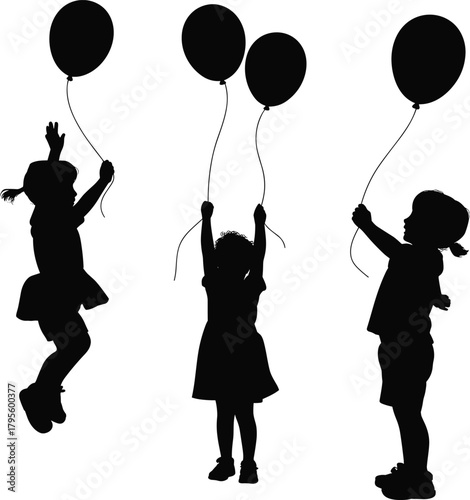 Children holding balloons silhouette, playful kids celebration illustration, joyful childhood activity concept, fun outdoor festive moment