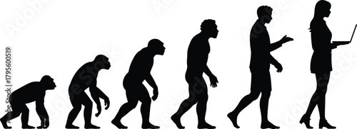 Human evolution progression silhouette, primitive to modern technology user, development, growth, advancement, transformation, innovation, digital era concept