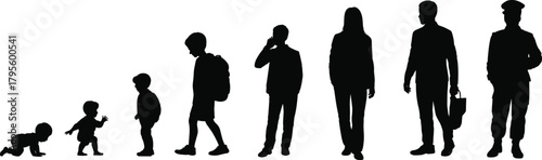 Human life stages silhouette, growth evolution from baby to adult, aging development timeline illustration showing progression, journey and maturity