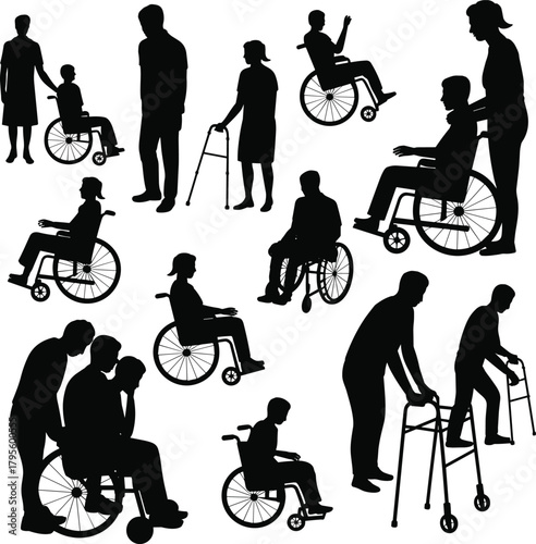 Inclusive mobility assistance silhouettes, wheelchair users and caregivers illustration, disability support concept, rehabilitation and daily living aid