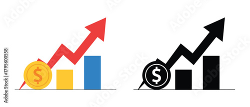 Financial growth chart showing positive trend with rising arrow and stacked bar graph