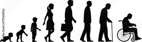 Human life stages silhouette, growth from infancy to adulthood, aging progression illustration, generational development and mobility transition concept