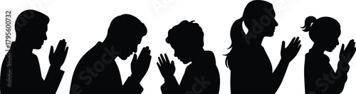 Silhouette people praying together, diverse group in worship posture, faith devotion illustration showing unity, spirituality and peaceful meditation