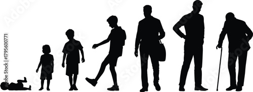 Silhouette sequence showing stages of human life, from infancy to old age, illustrating growth, aging, evolution, and life progression