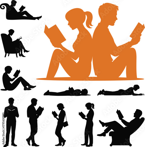 Silhouettes of people reading books in various poses, relaxing study activities, sitting standing and lying reading illustration