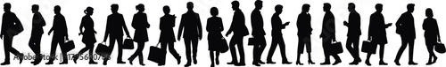 Silhouettes of business people walking in a row, urban commuters carrying bags, active crowd movement illustration