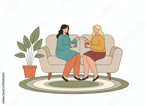 Joyful women friends chat on a sofa, sipping tea and coffee during a cozy home teatime, illustrated as a flat vector on a white background