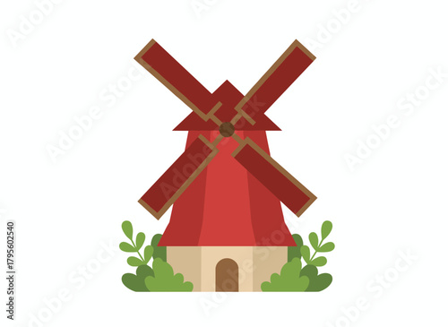 A classic Dutch windmill stands alone against a white backdrop, depicted as a smock, tower, or post mill, an agricultural structure featuring rotating sails or blades, rendered in a vibrant flat