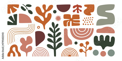 Collection of abstract organic shapes and botanical elements in muted earth tones vector illustration