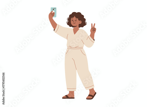A cheerful woman walks while talking on her mobile phone, recording a video on the go and chatting online, depicted as a flat vector illustration against a white background