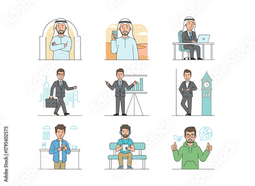 A set or kit for building an Arab businessman, featuring a bundle of male body parts, clothing, emotions, and gestures shown on a white background from front, side, and back views in a flat cartoon