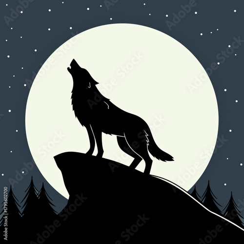 Majestic Wolf Howling Silhouette Against Full Moon and Starry Night Sky Vector Illustration - Symbol of Wildness, Freedom, and Nature Spirit.