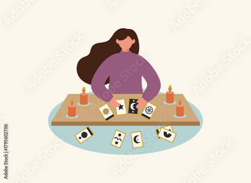 A fortune teller spreads tarot cards, predicting the future with esoteric divination, depicted as a flat vector illustration on a white background