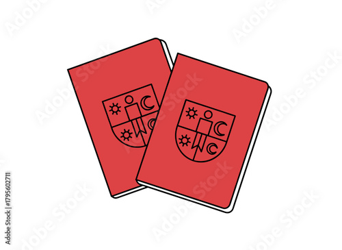 Two passport books, an icon of identity, nationality, and citizenship paper documents, an official identification personal documents pair with an abstract cover, presented as a flat vector