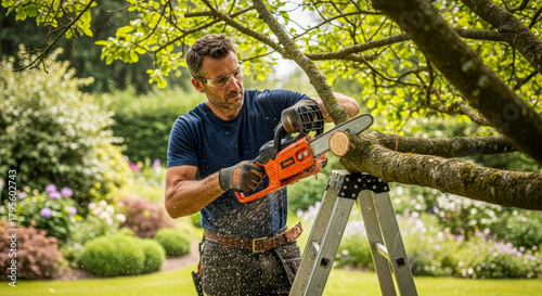 Man using chainsaw to cut tree branches in garden