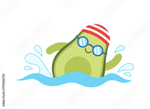 A cheerful, cartoonish avocado half-submerged in water, happily exercising in a pool, rendered as a colorful flat vector illustration of a childlike character against a white background