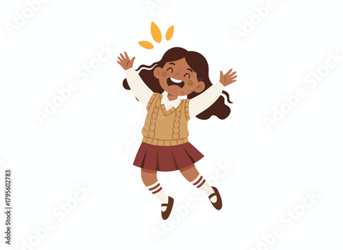 A cheerful schoolgirl with raised arms, leaping joyfully and smiling, depicted as a flat vector illustration on a white background