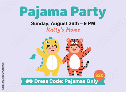 Poster inviting guests to a pajama home party, featuring a vertical design with a cheerful man in a cute jumpsuit, a vertical template for an entertainment event, and a flat vector cartoon