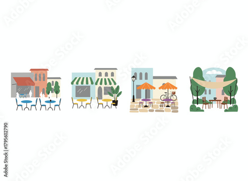 A set of hand‑drawn freehand sketches depicting an outdoor café or restaurant with tables and chairs on a city street beside buildings and trees, rendered as a monochrome vector illustration using