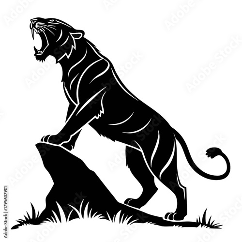 Roaring Tiger on Hind Legs (or on a Rock) Silhouette Vector Illustration - Symbol of Power, Strength, and Aggressive Wildness for Logo and T-Shirt Design.