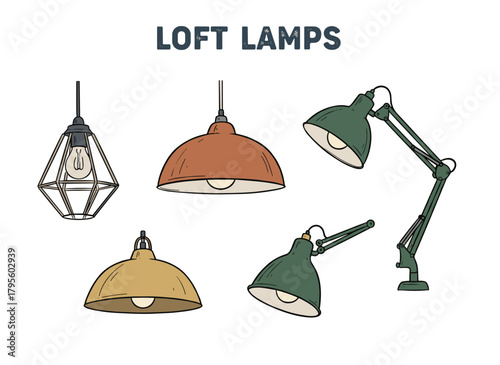 A collection of hand‑drawn vector illustrations featuring modern isolated Edison loft lamps with vintage retro‑style bulbs